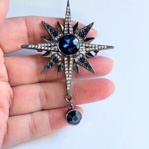 Antique Reproduction Simulated Sapphire Clear Pave Crystal Gunmetal Star Brooch